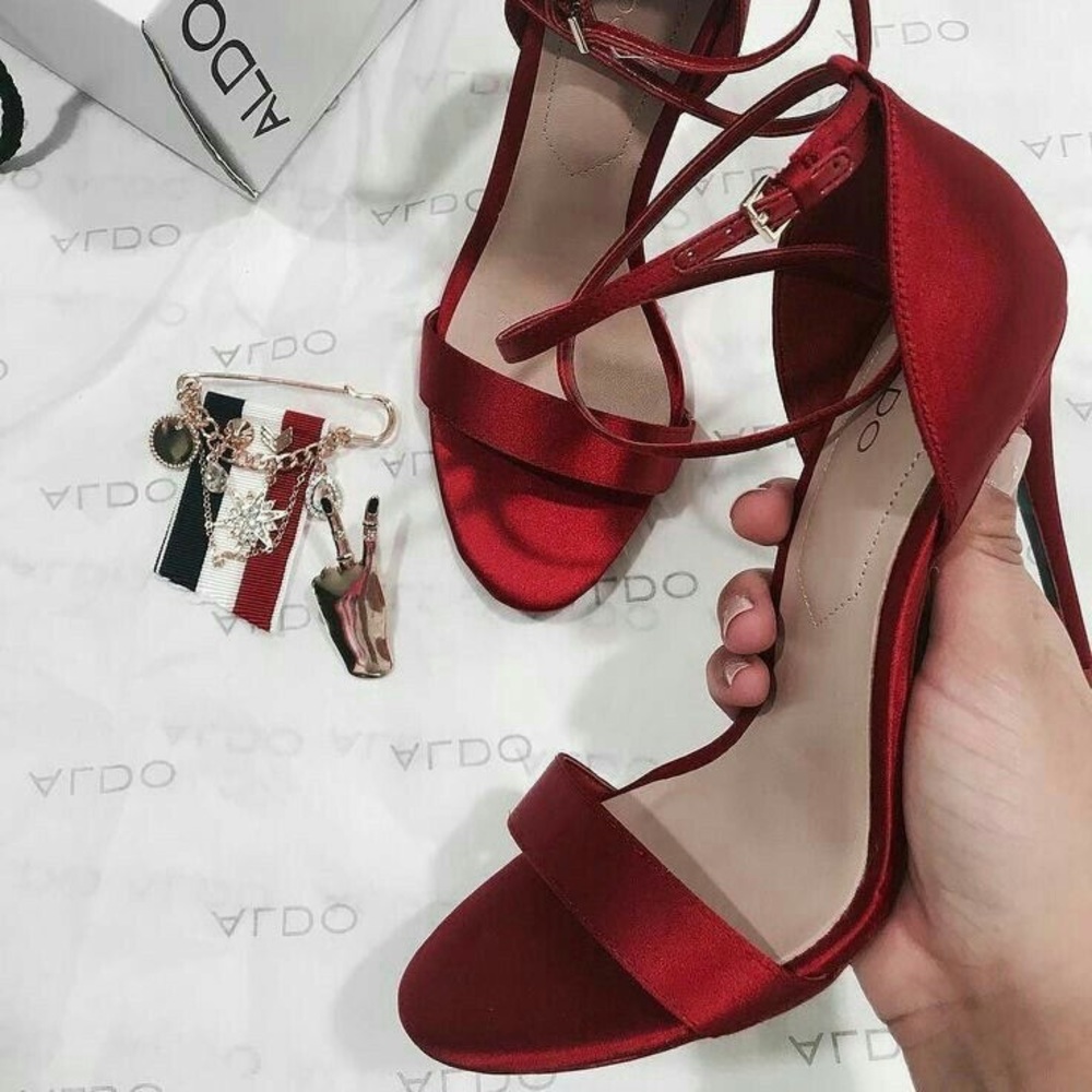Aldo red satin double ankle strap heels